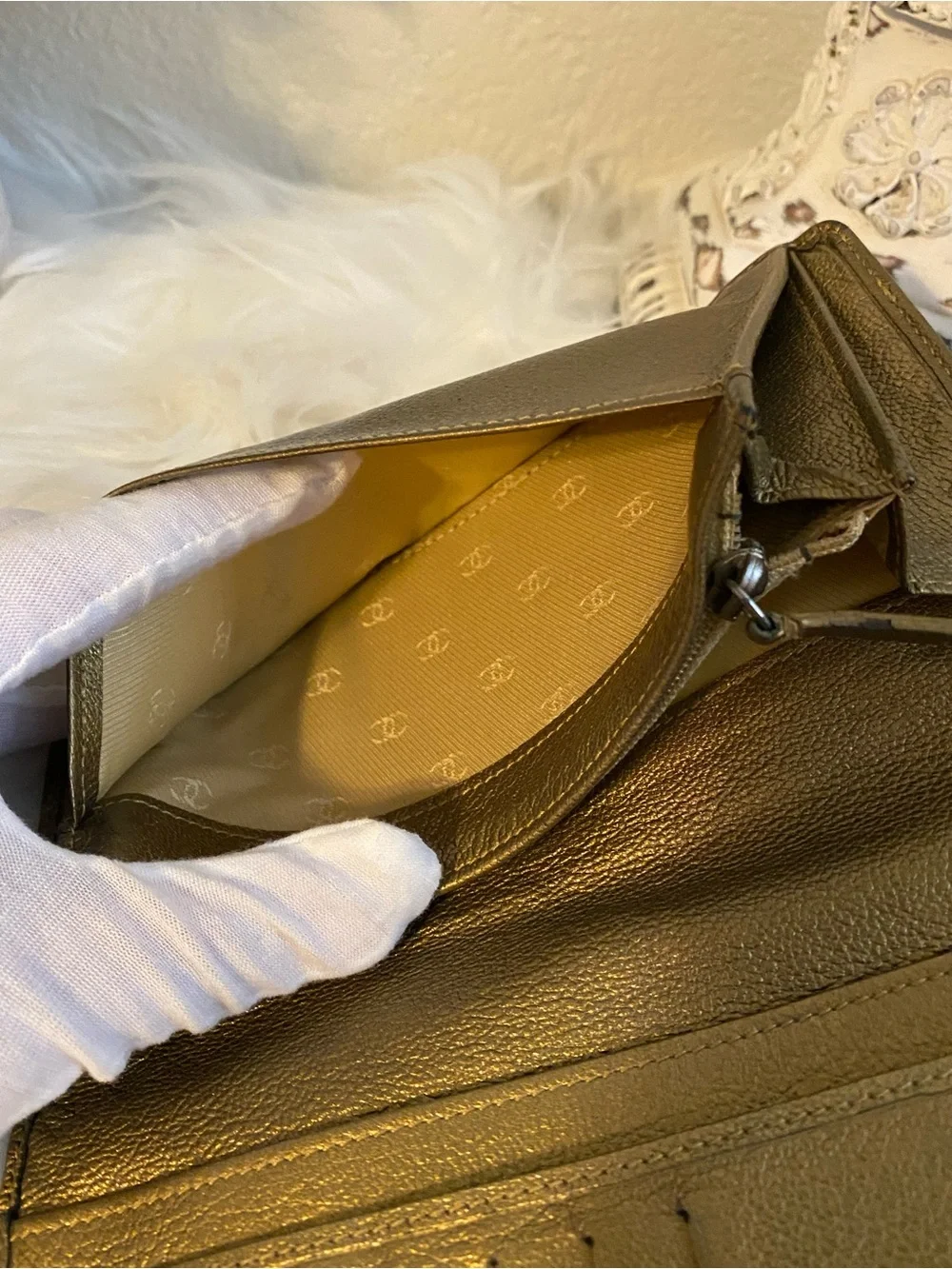 CHANEL Gold Calfskin Leather Long Wallet with CC Medallion & Black Card
